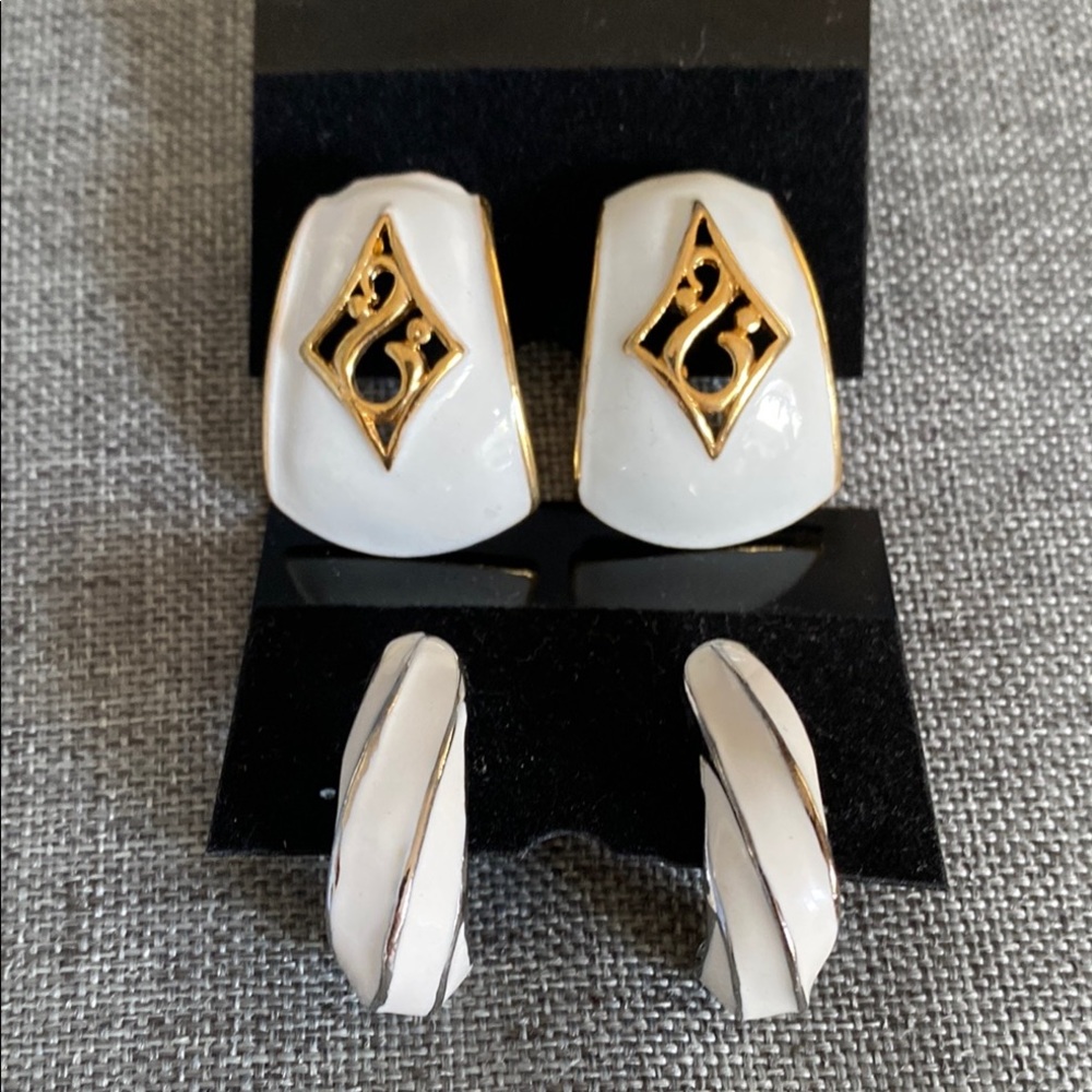 2 Pair; Elegant White Enamel/Silver and White Enamel/Gold Women's Earrings